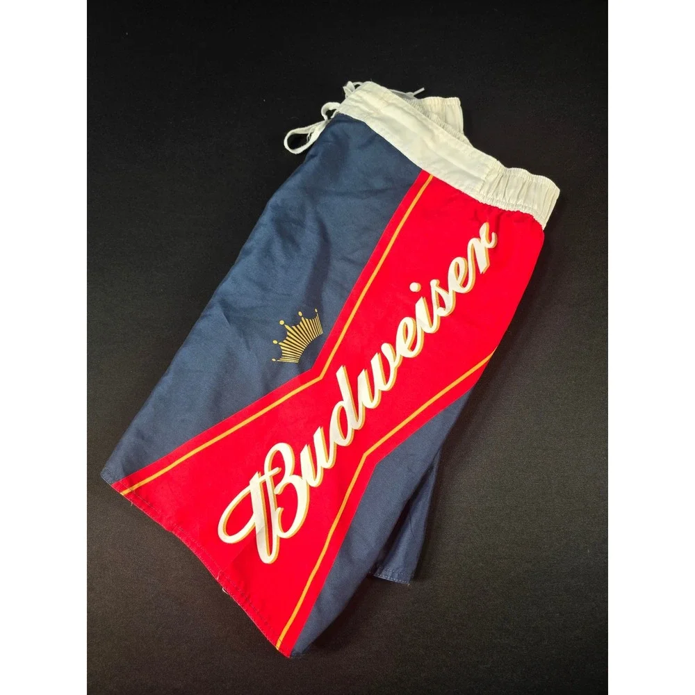 Budweiser Mens Board Shorts Navy Blue Red Logo Swim Trunks Size 35